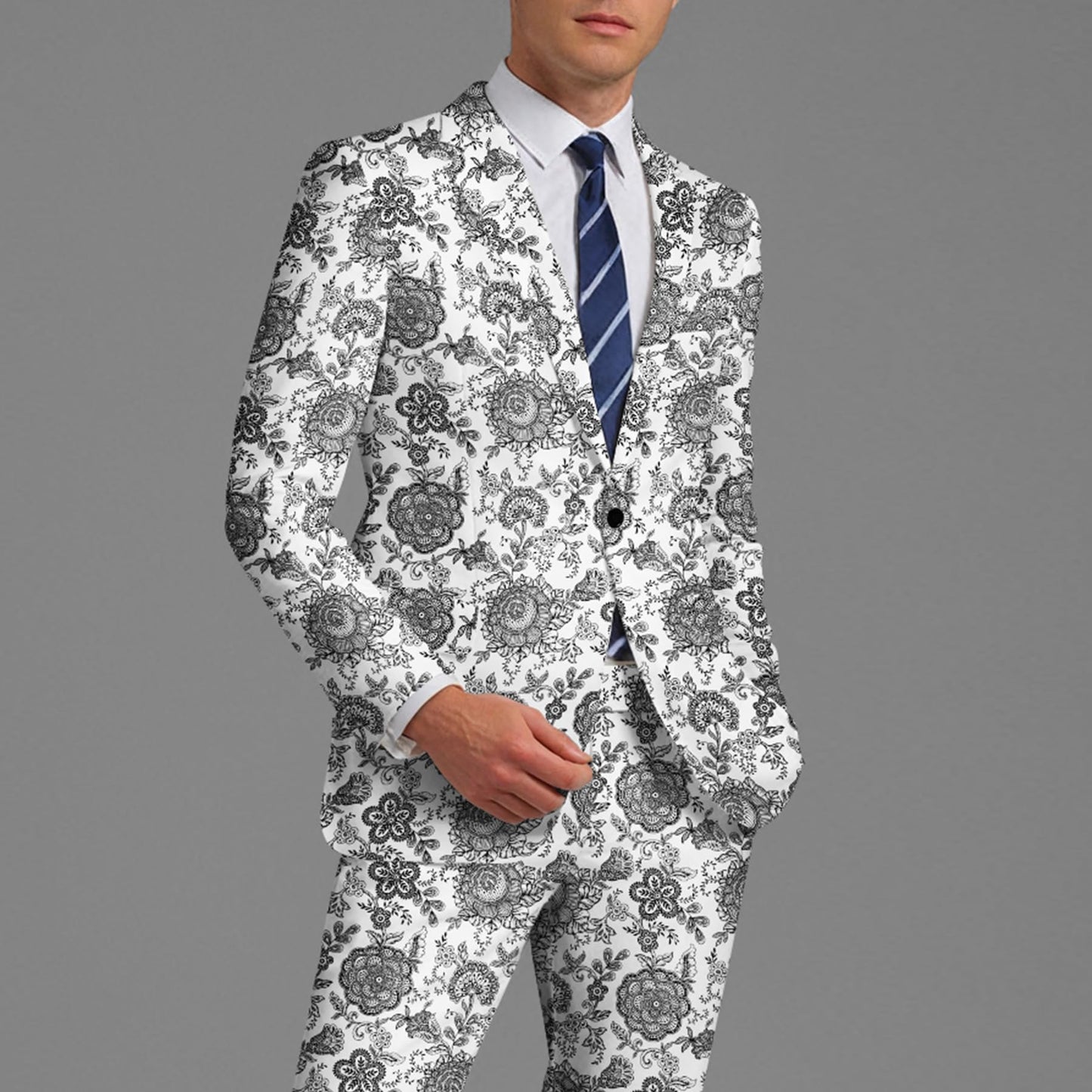 BYBNOLL Men's Blazer One Button Slim Fit Notched Lapel Print Sport Coat Suit Blazer Jacket White Gray