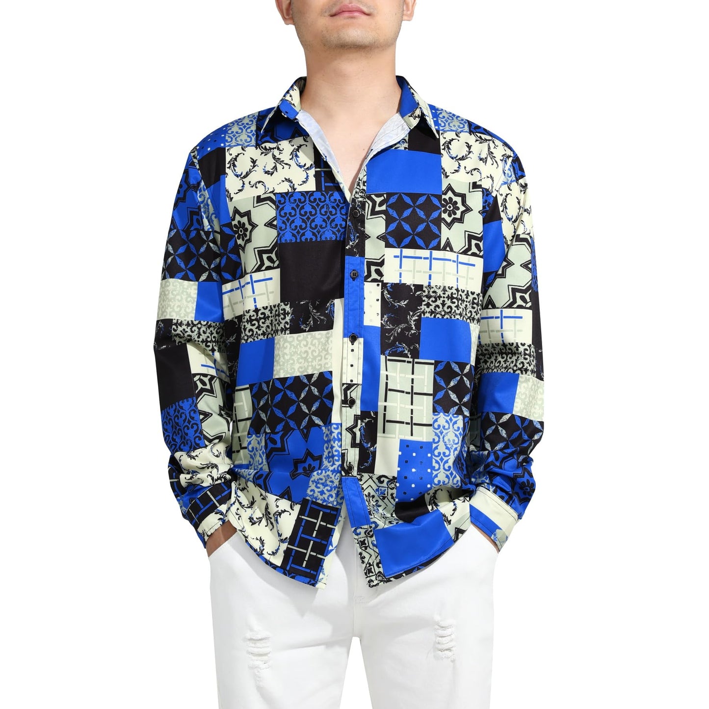 BYBNOLL Men's Casual Shirt Printed Long Sleeve Lapel Trendy Formal Business Comfortable Skin-Friendly Button Down Shirt Blue Plaid