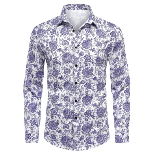 BYBNOLL Men's Casual Shirt Printed Long Sleeve Lapel Trendy Formal Business Comfortable Skin-Friendly Button Down Shirt Purple White