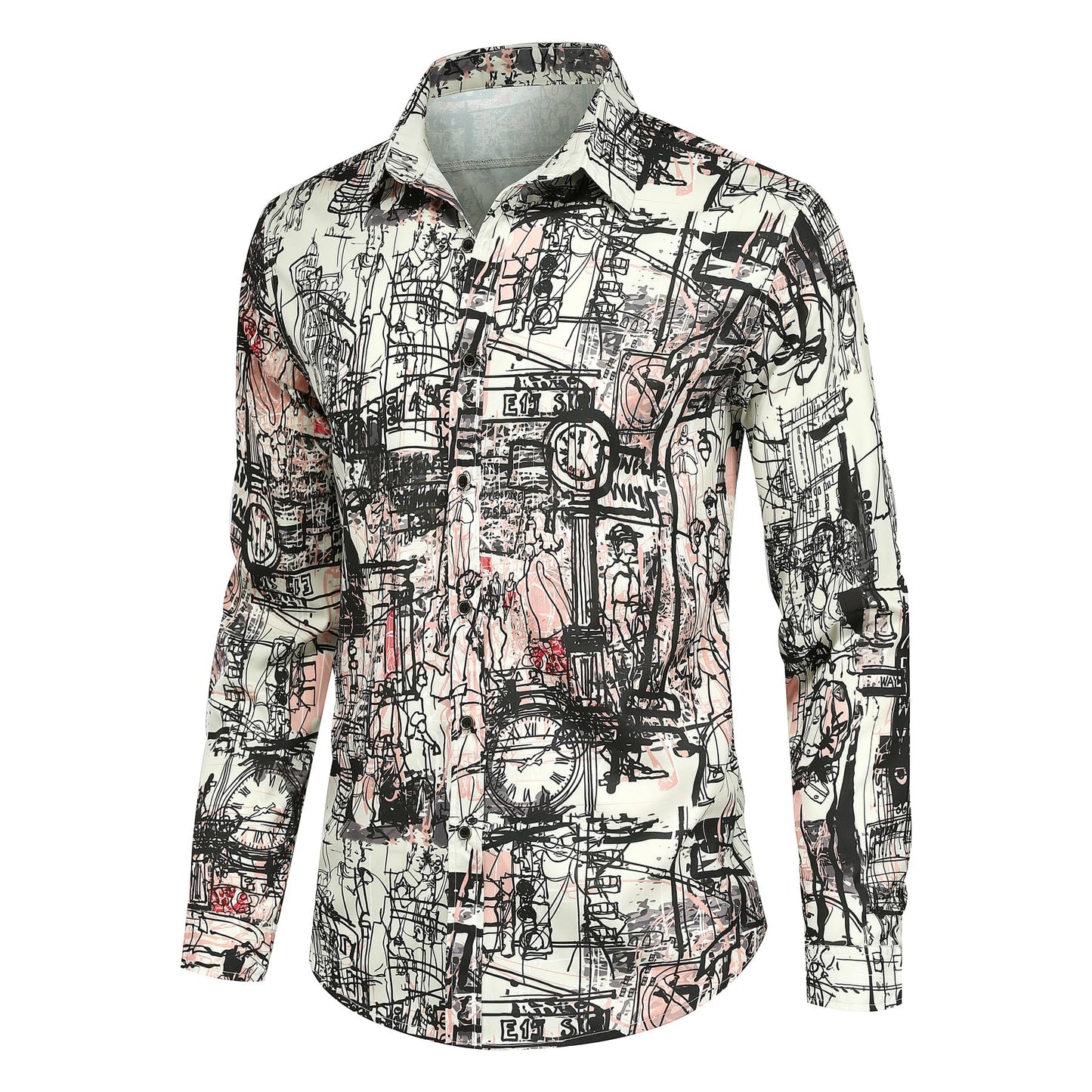 BYBNOLL Men's Casual Shirt Printed Long Sleeve Lapel Trendy Formal Business Comfortable Skin-Friendly Button Down Shirt Black White