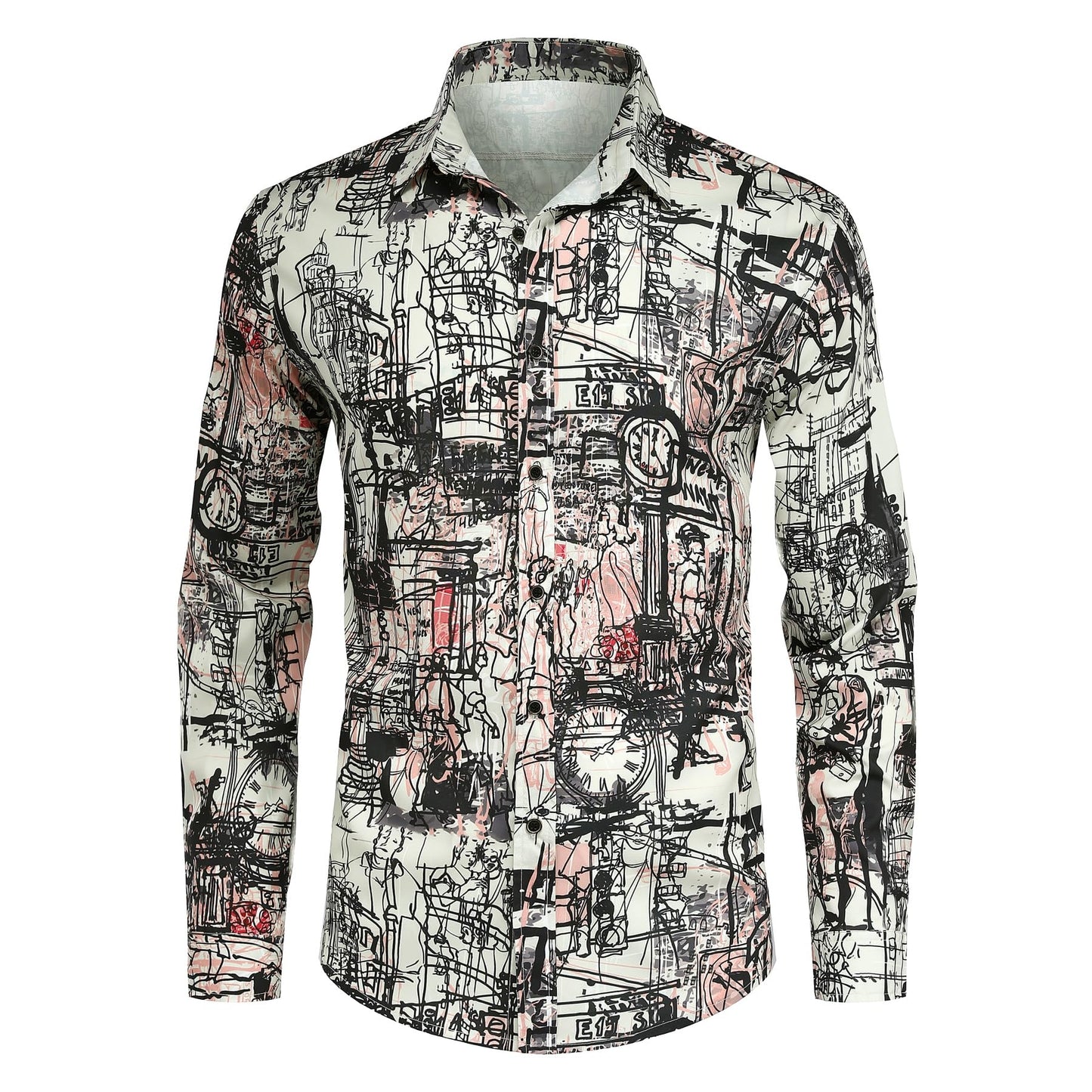 BYBNOLL Men's Casual Shirt Printed Long Sleeve Lapel Trendy Formal Business Comfortable Skin-Friendly Button Down Shirt Black White