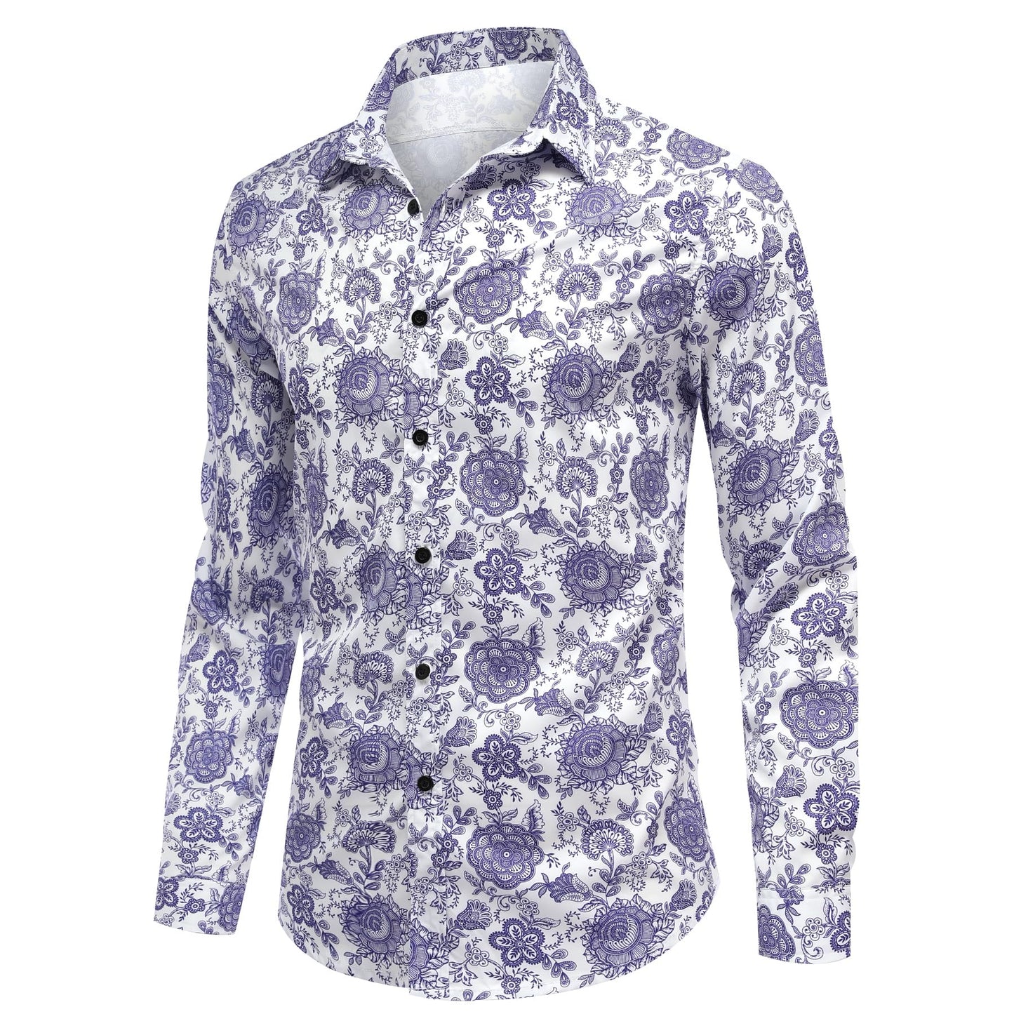 BYBNOLL Men's Casual Shirt Printed Long Sleeve Lapel Trendy Formal Business Comfortable Skin-Friendly Button Down Shirt Purple White